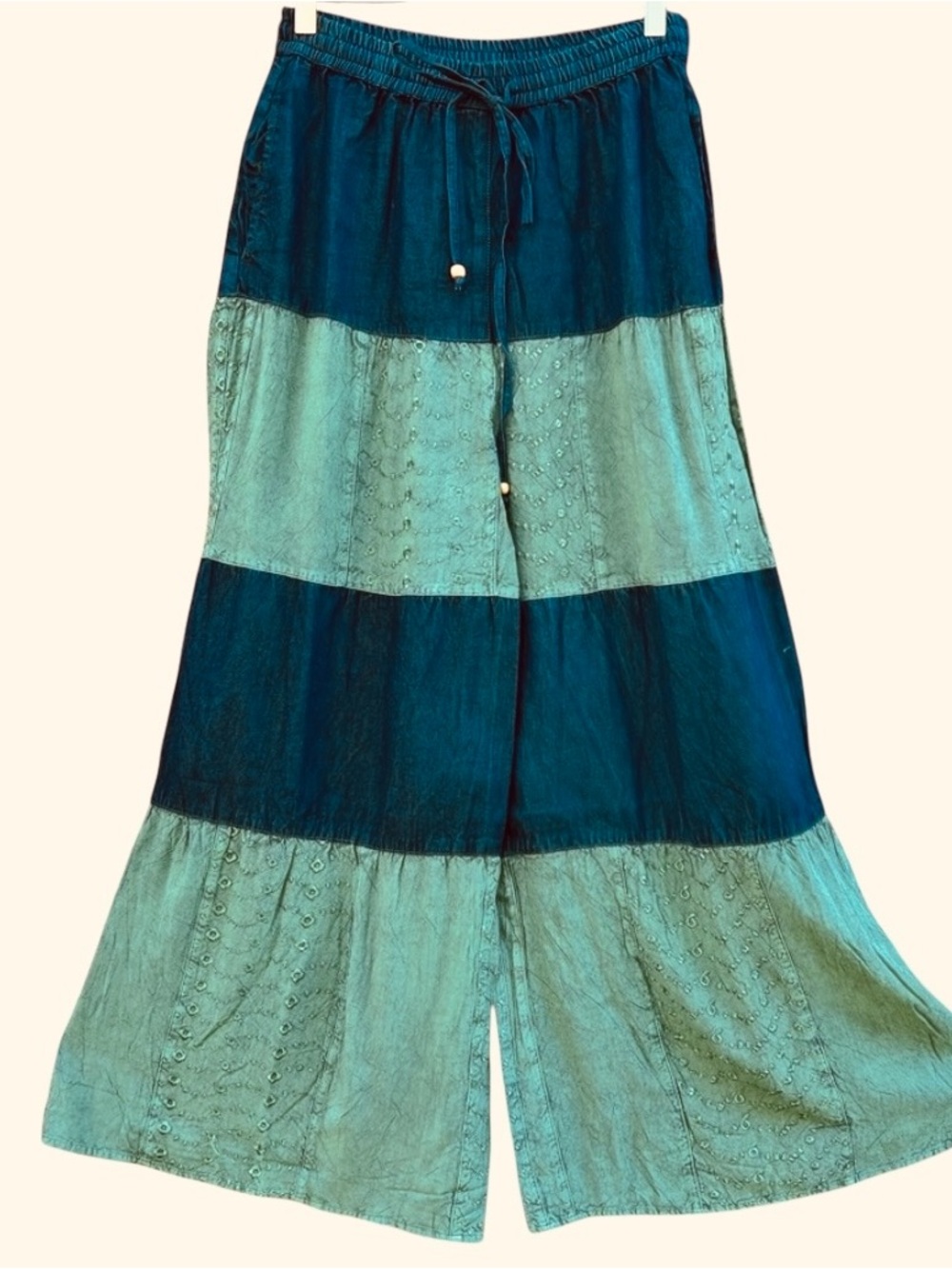 NWOT Young Threads Boho Patchwork Embroidered Wide Leg Pants Size Small - Basil